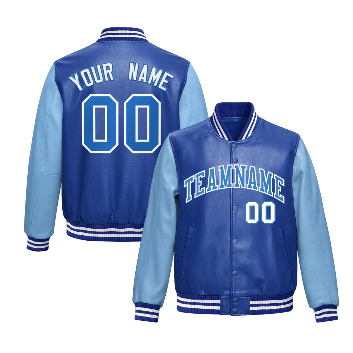 Custom Royal Blue Powder Blue Raglan Sleeves Full-Snap Varsity Faux Leather Letterman Jacket