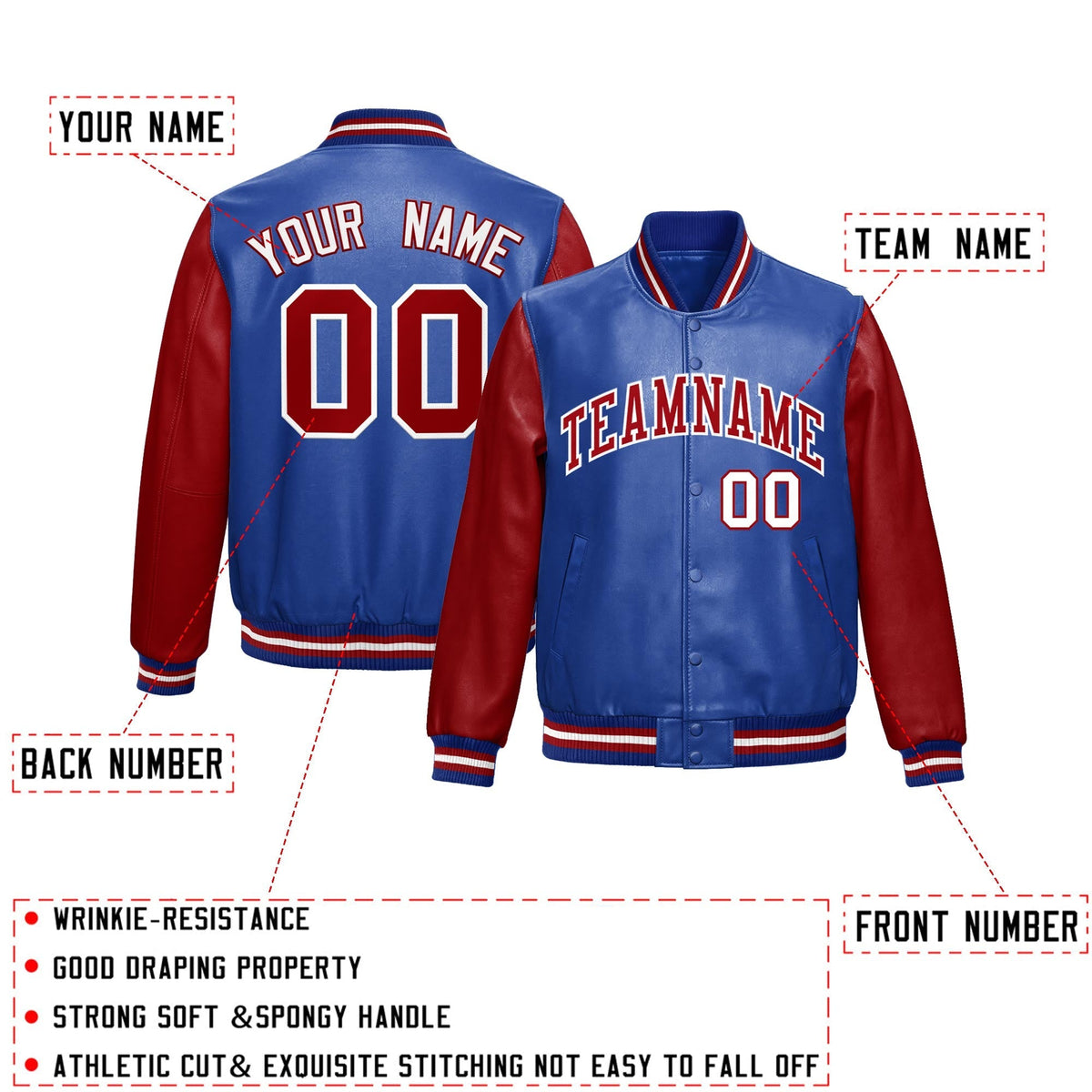 Custom Royal Blue Red Raglan Sleeves Full-Snap Varsity Faux Leather Letterman Jacket