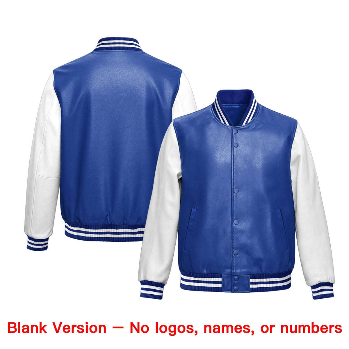 Custom Royal Blue White Raglan Sleeves Full-Snap Varsity Faux Leather Letterman Jacket