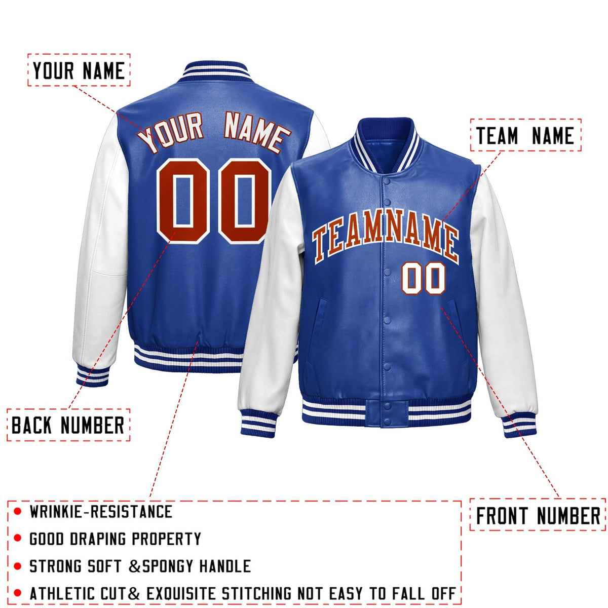 Custom Royal Blue White Raglan Sleeves Full-Snap Varsity Faux Leather Letterman Jacket
