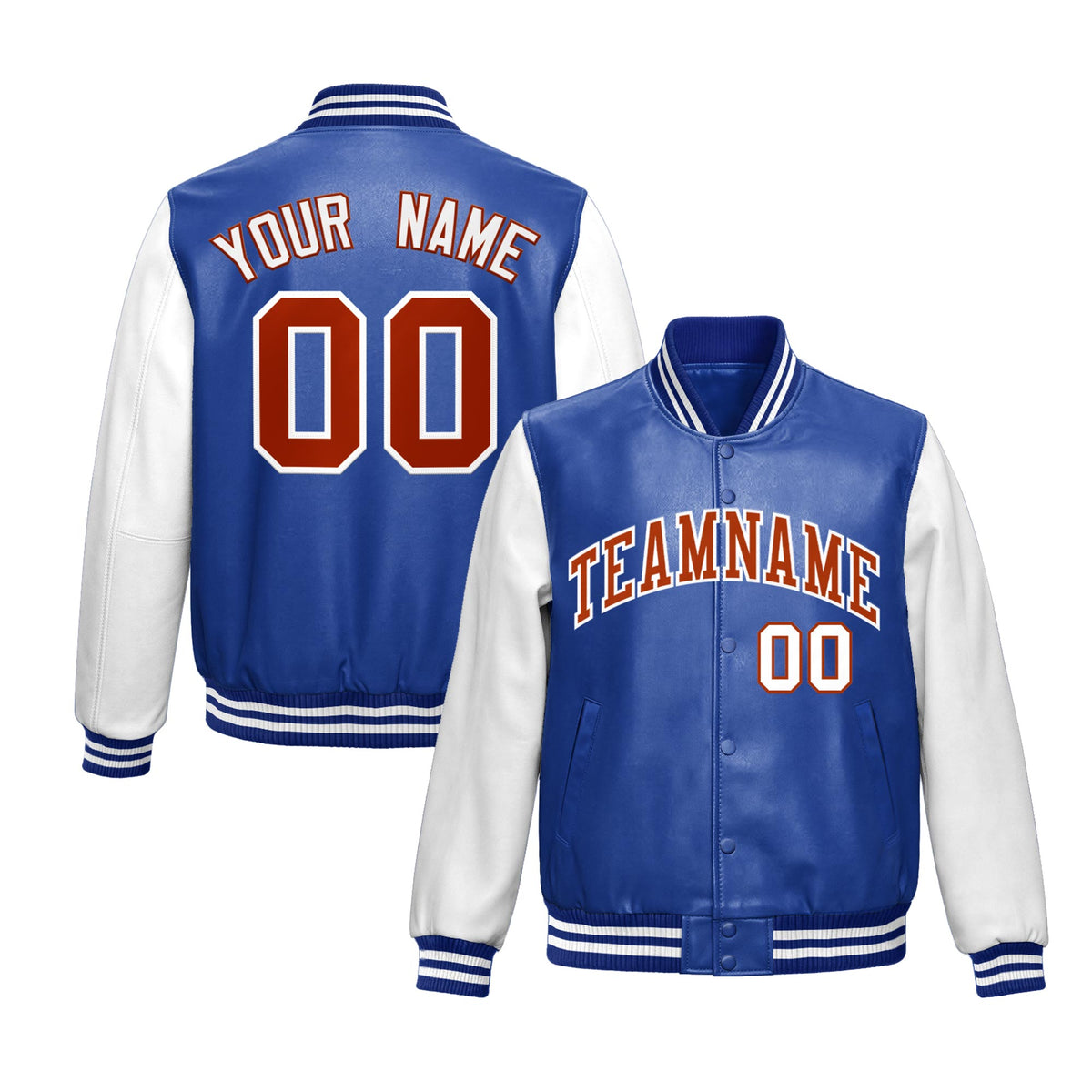 Custom Royal Blue White Raglan Sleeves Full-Snap Varsity Faux Leather Letterman Jacket