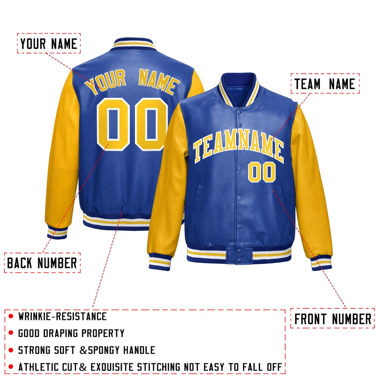 Custom Royal Blue Yellow Raglan Sleeves Full-Snap Varsity Faux Leather Letterman Jacket