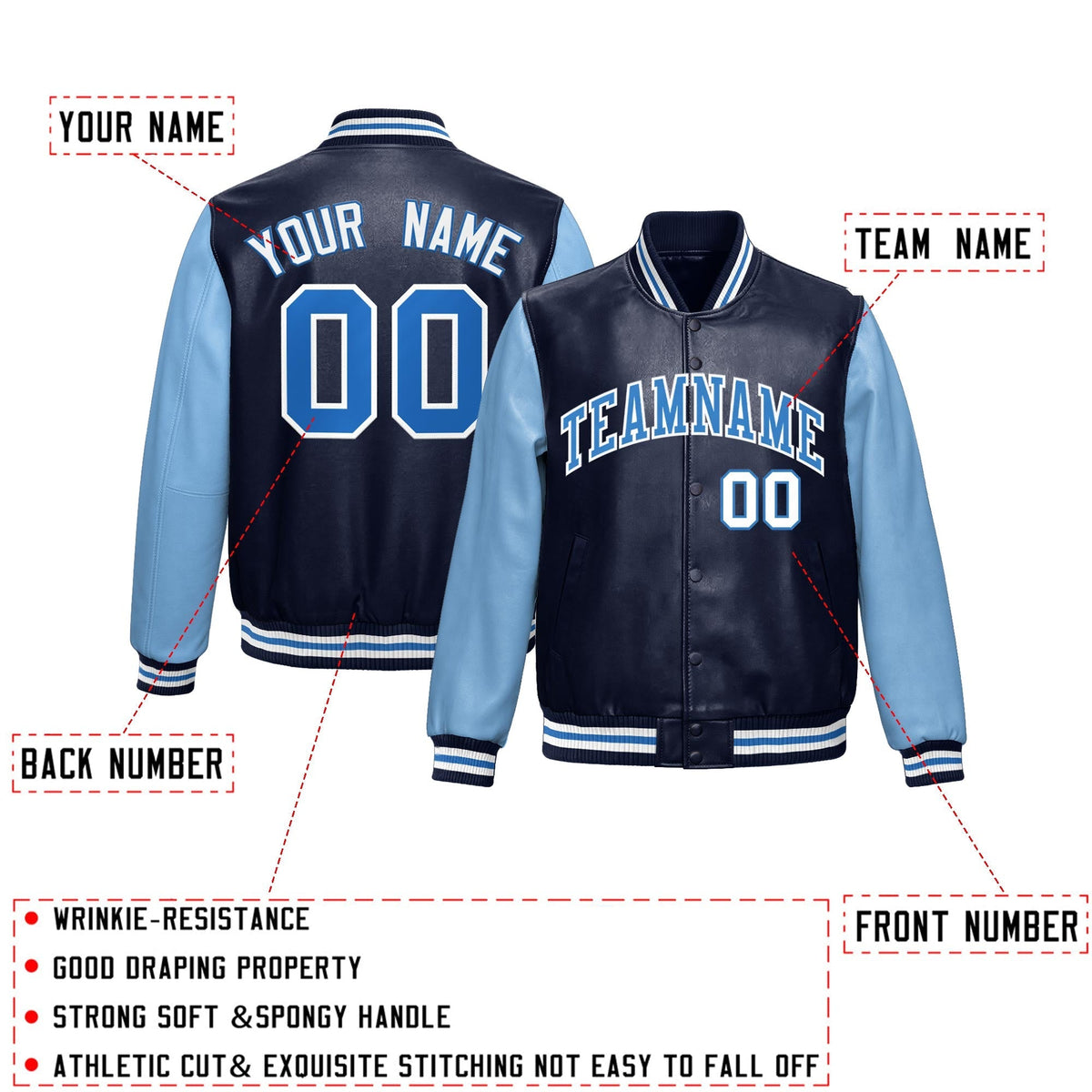 Custom Navy Powder Blue Raglan Sleeves Full-Snap Varsity Faux Leather Letterman Jacket