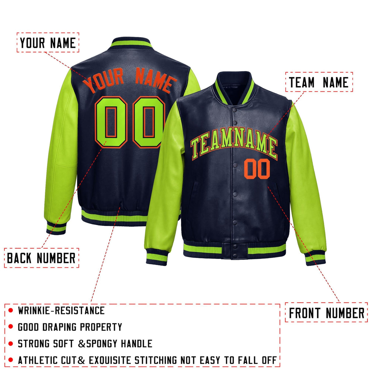 Custom Neon Green Navy Raglan Sleeves Full-Snap Varsity Faux Leather Letterman Jacket