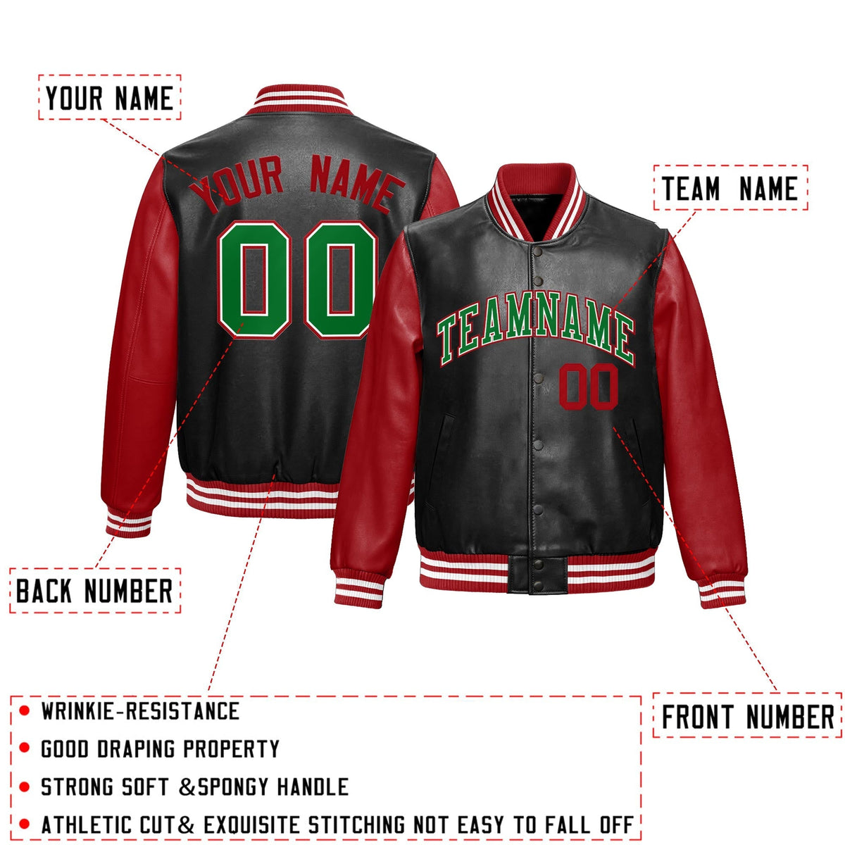 Custom Black Red Kelly Green Raglan Sleeves Full-Snap Varsity Faux Leather Letterman Jacket