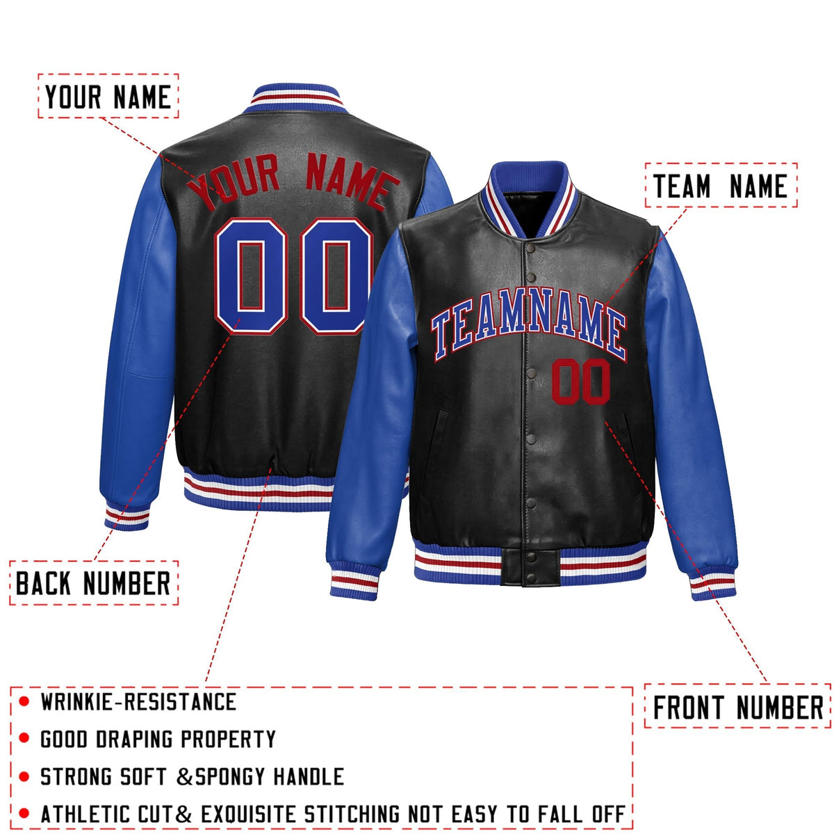 Custom Black Royal Blue Red Raglan Sleeves Full-Snap Varsity Faux Leather Letterman Jacket