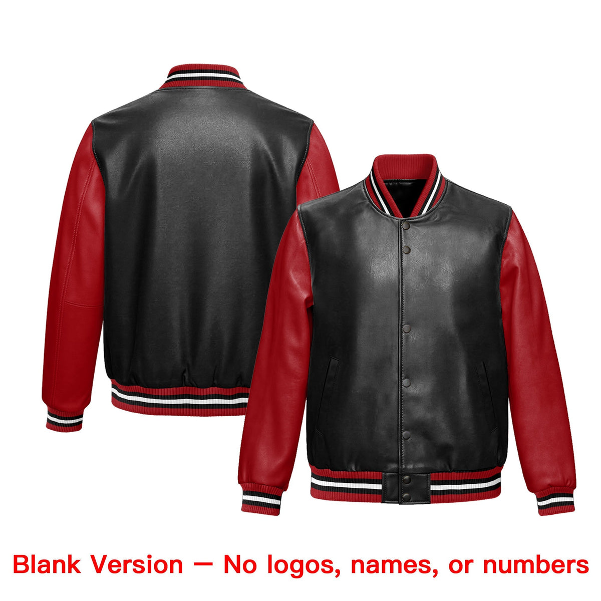 Custom Black Red Raglan Sleeves Full-Snap Varsity Faux Leather Letterman Jacket