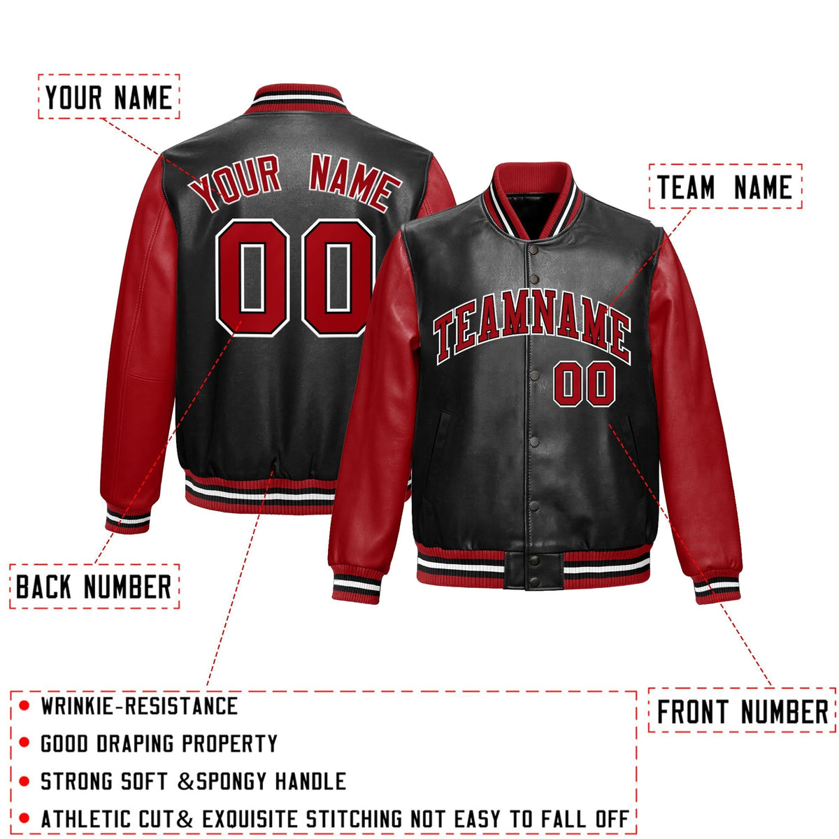 Custom Black Red Raglan Sleeves Full-Snap Varsity Faux Leather Letterman Jacket