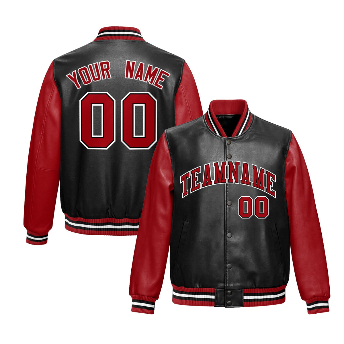 Custom Black Red Raglan Sleeves Full-Snap Varsity Faux Leather Letterman Jacket