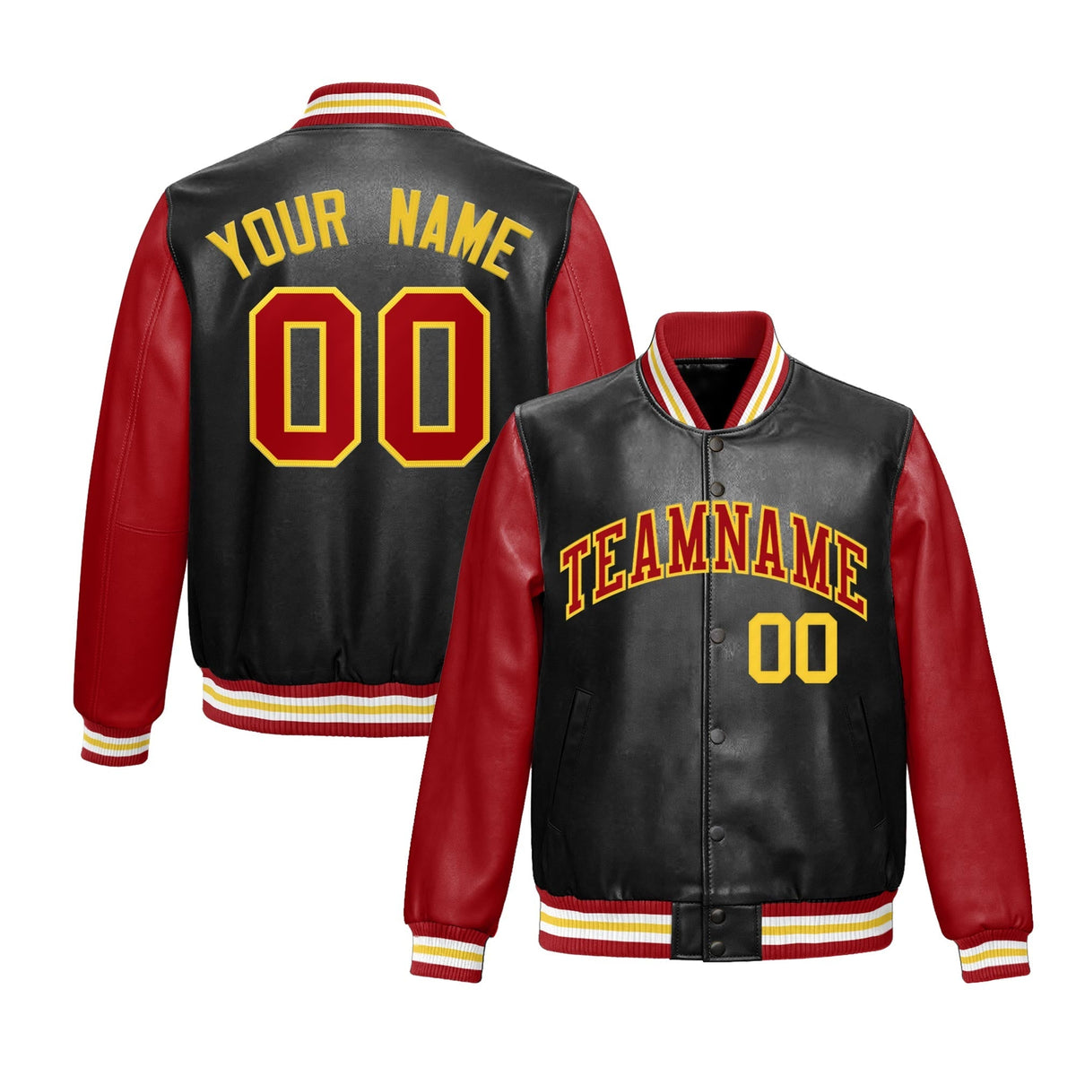 Custom Black Red Gold Raglan Sleeves Full-Snap Varsity Faux Leather Letterman Jacket