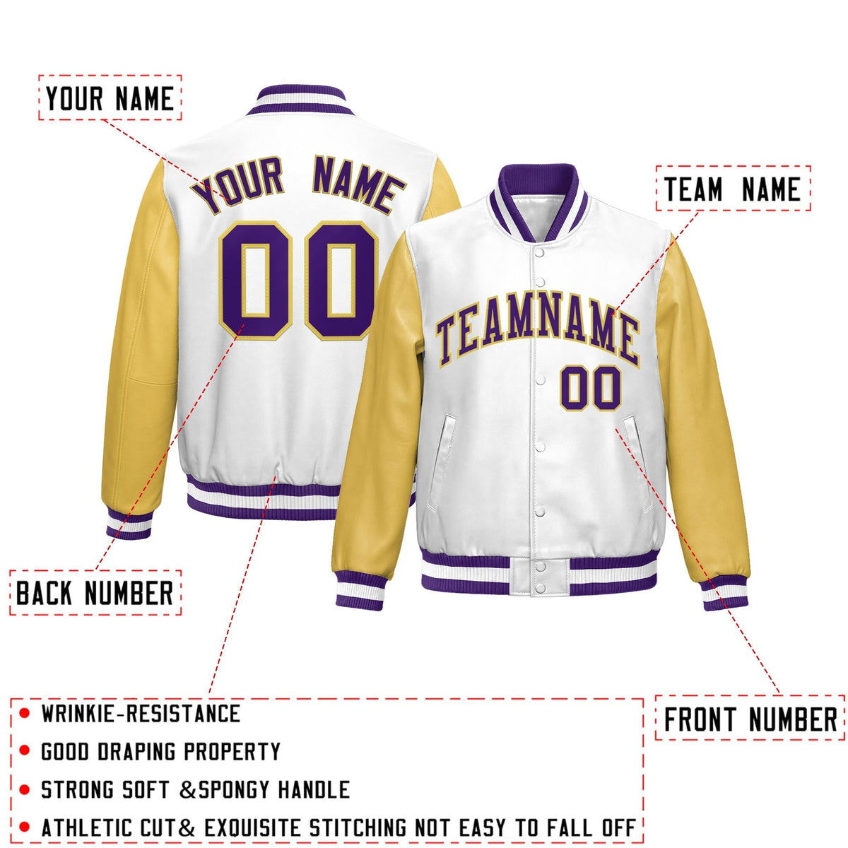 Custom White Khaki Raglan Sleeves Full-Snap Varsity Faux Leather Letterman Jacket