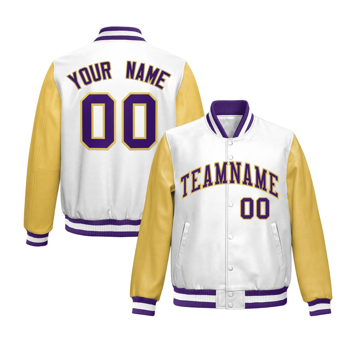 Custom White Khaki Raglan Sleeves Full-Snap Varsity Faux Leather Letterman Jacket