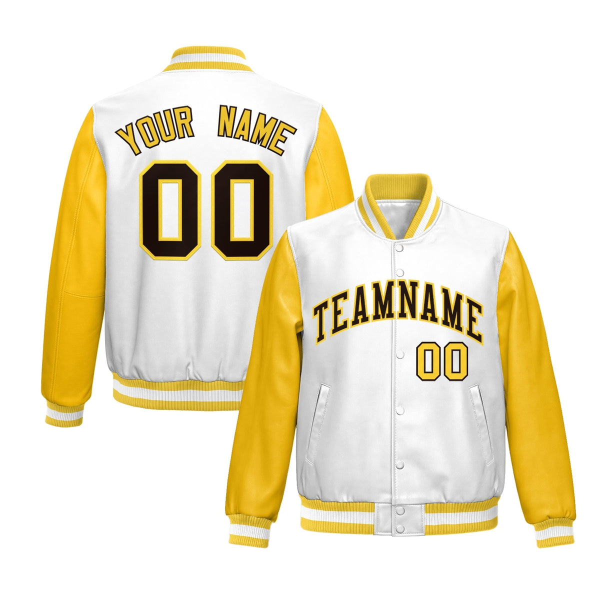 Custom White Yellow Raglan Sleeves Full-Snap Varsity Faux Leather Letterman Jacket