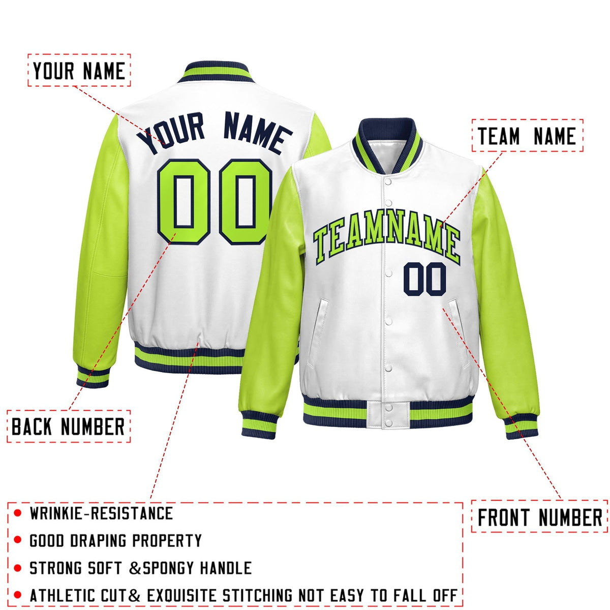 Custom White Neon Green Raglan Sleeves Full-Snap Varsity Faux Leather Letterman Jacket