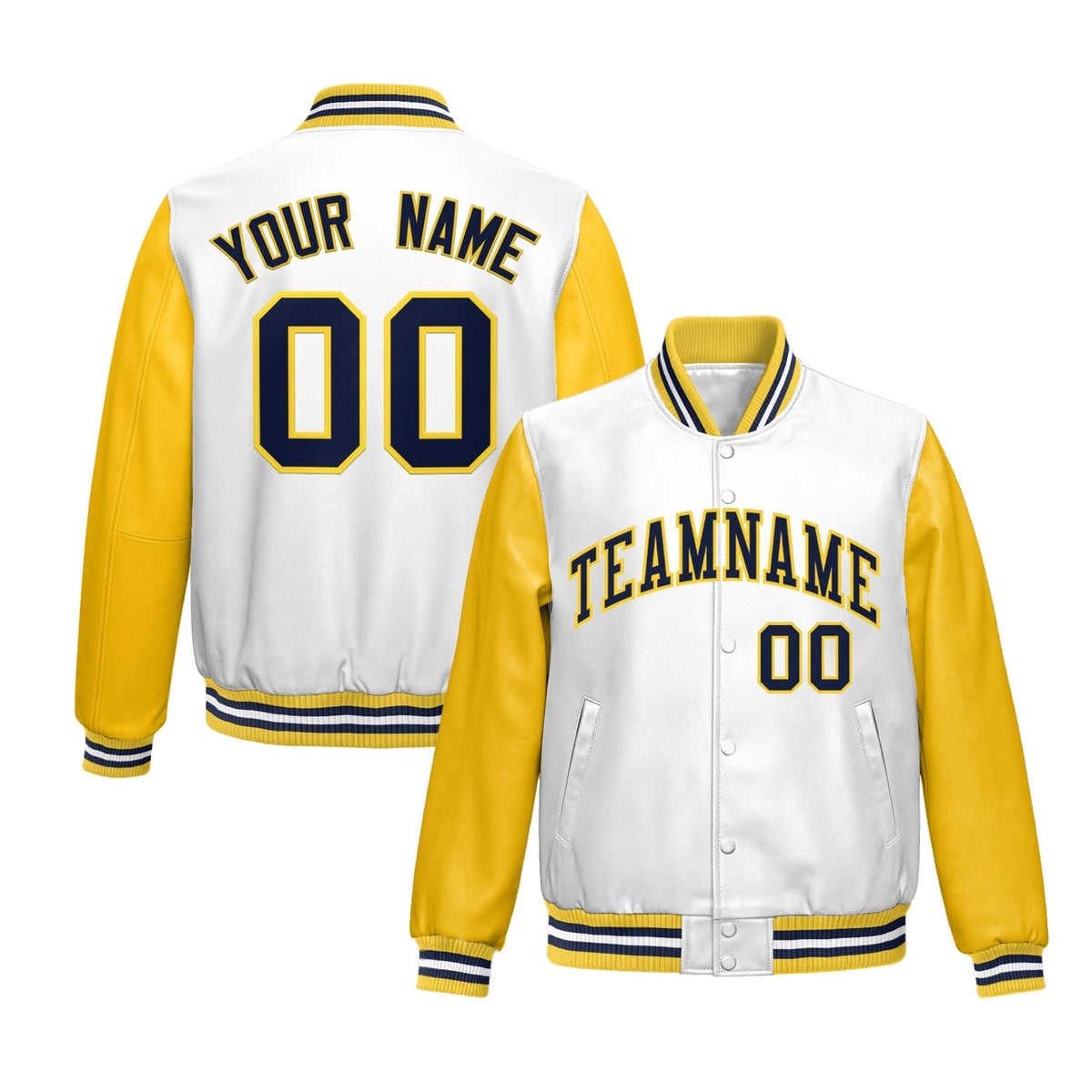 Custom White Yellow Raglan Sleeves Full-Snap Varsity Faux Leather Letterman Jacket