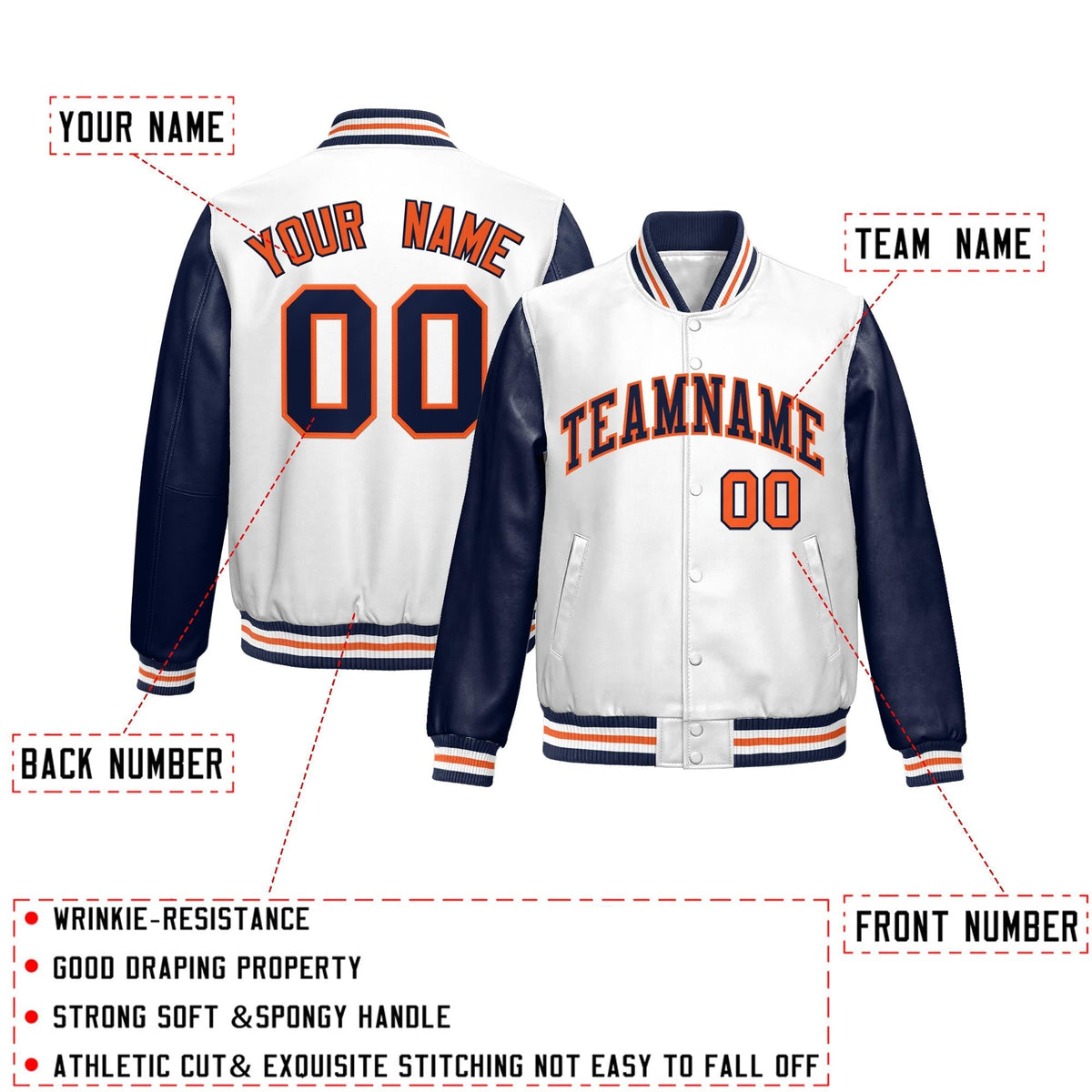 Custom White Navy Raglan Sleeves Full-Snap Varsity Faux Leather Letterman Jacket
