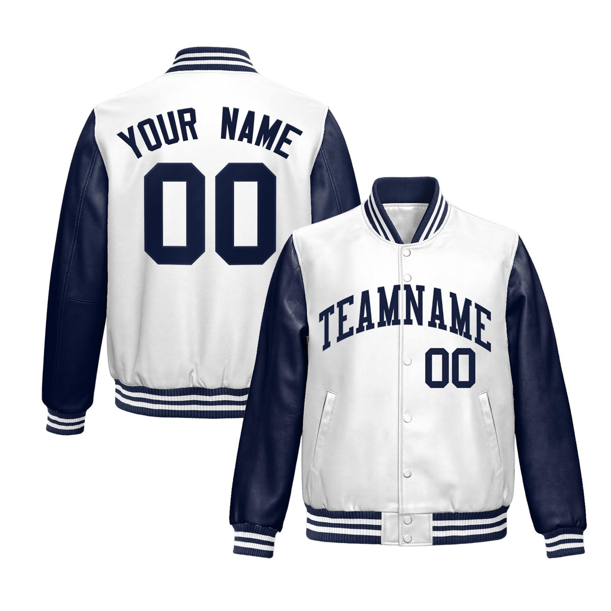 Custom Navy White Raglan Sleeves Full-Snap Varsity Faux Leather Letterman Jacket