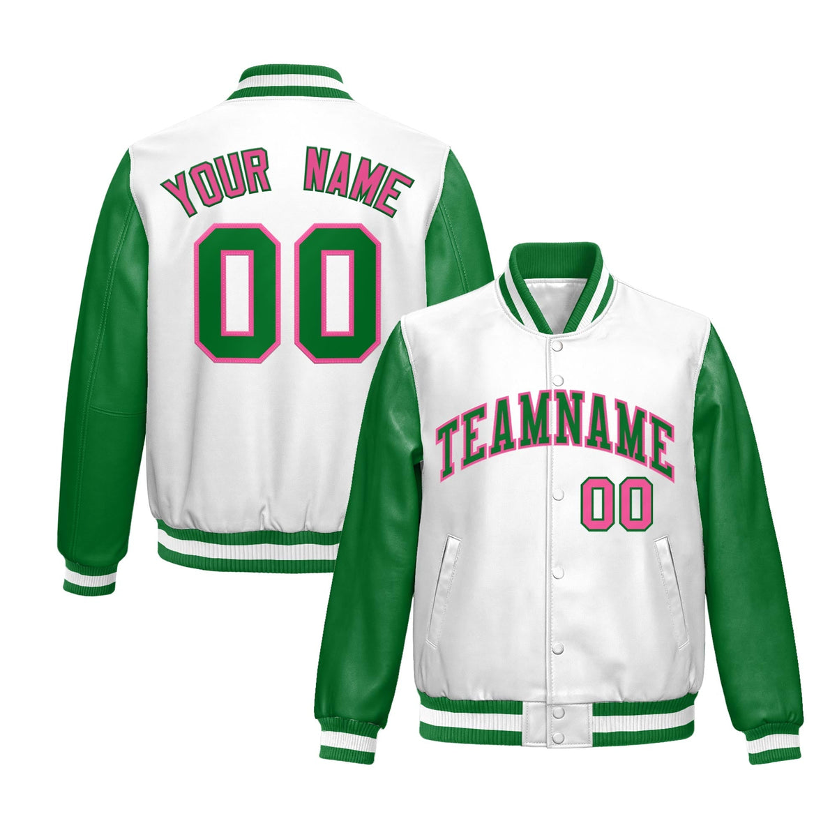 Custom Kelly Green White Raglan Sleeves Full-Snap Varsity Faux Leather Letterman Jacket