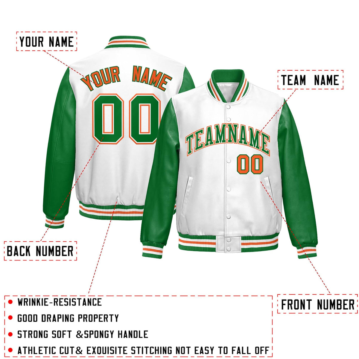 Custom White Kelly Green Raglan Sleeves Full-Snap Varsity Faux Leather Letterman Jacket