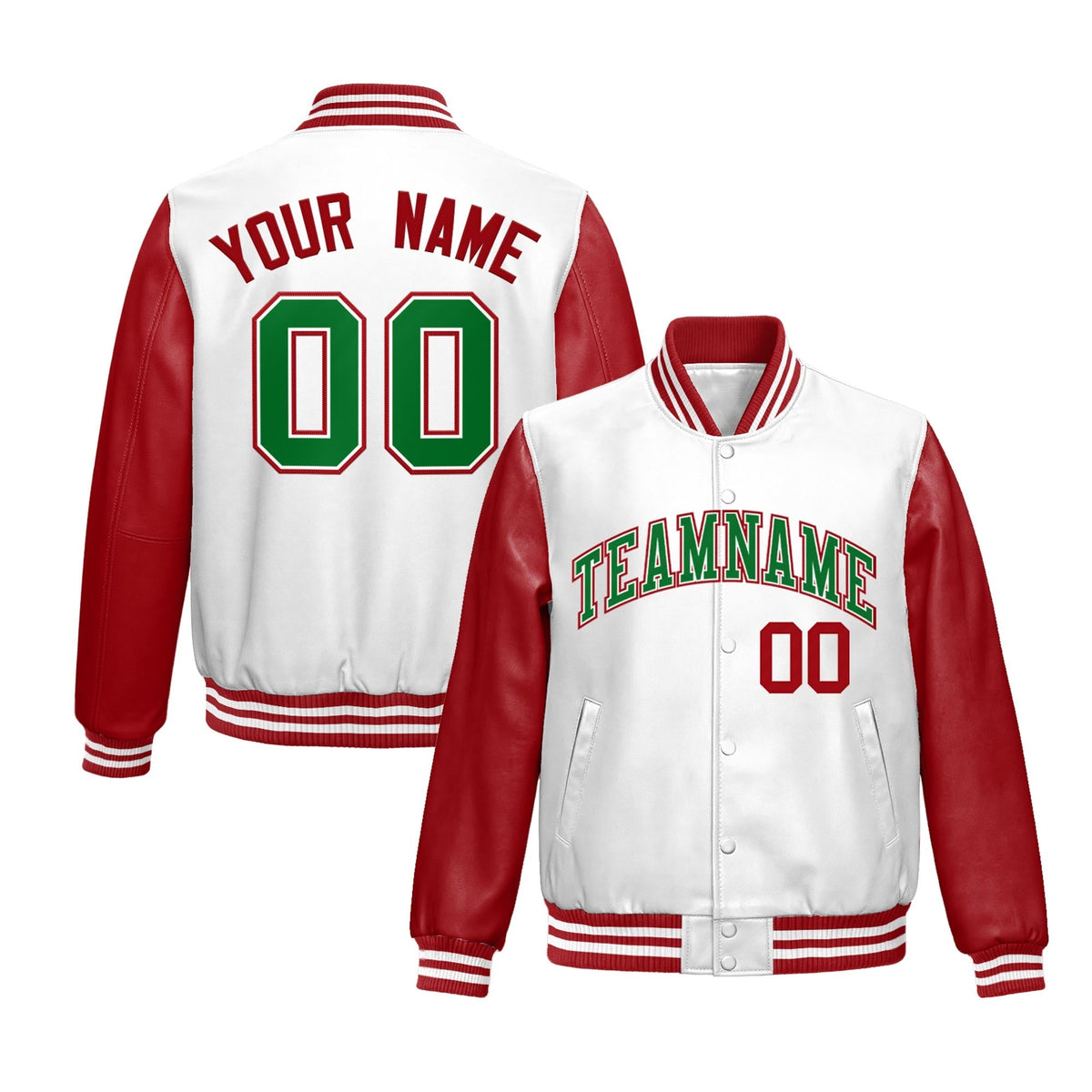 Custom White Red Raglan Sleeves Full-Snap Varsity Faux Leather Letterman Jacket