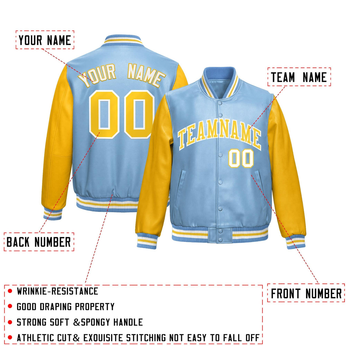 Custom Powder Blue Yellow Raglan Sleeves Full-Snap Varsity Faux Leather Letterman Jacket