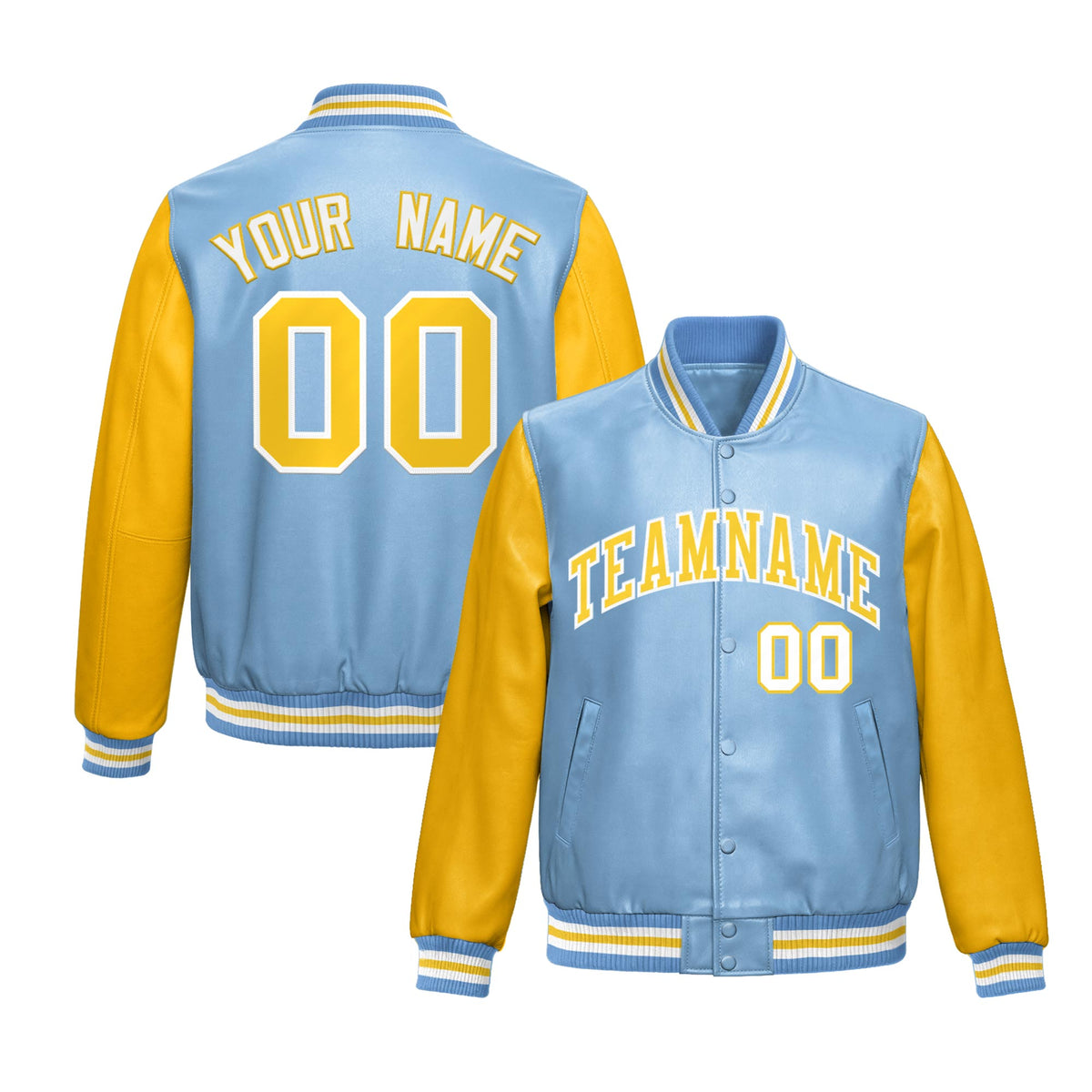 Custom Powder Blue Yellow Raglan Sleeves Full-Snap Varsity Faux Leather Letterman Jacket