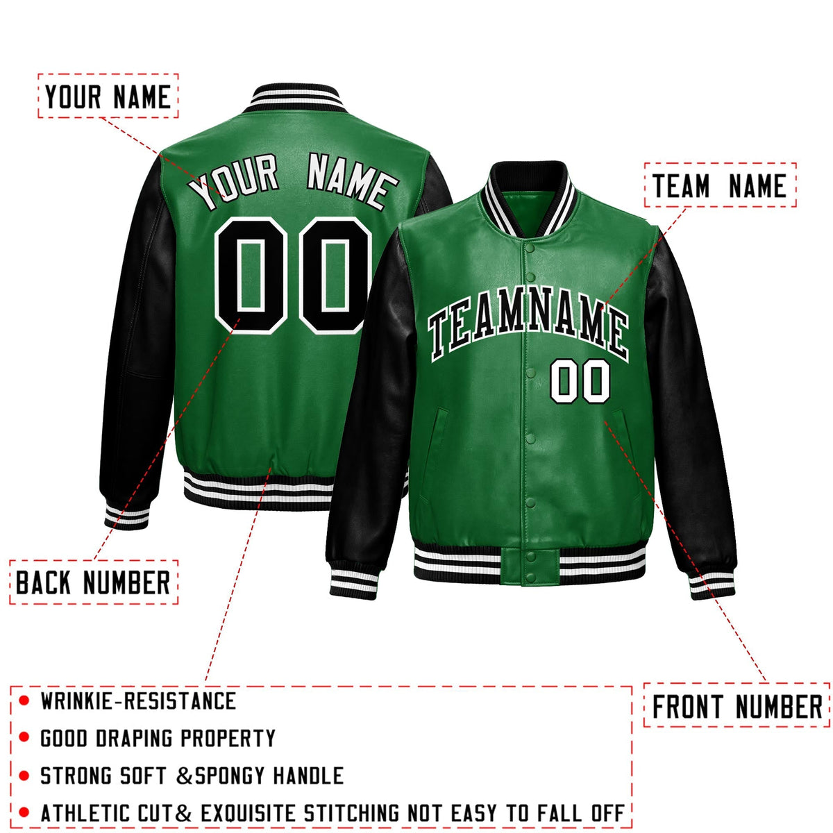 Custom Kelly Green Black Raglan Sleeves Full-Snap Varsity Faux Leather Letterman Jacket