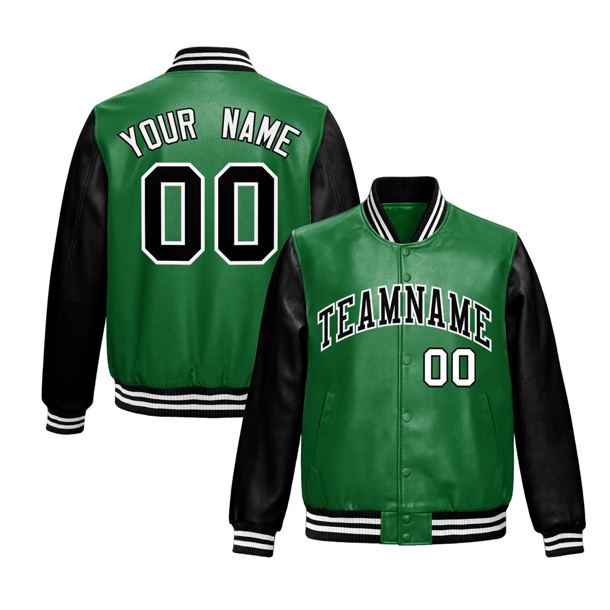 Custom Kelly Green Black Raglan Sleeves Full-Snap Varsity Faux Leather Letterman Jacket
