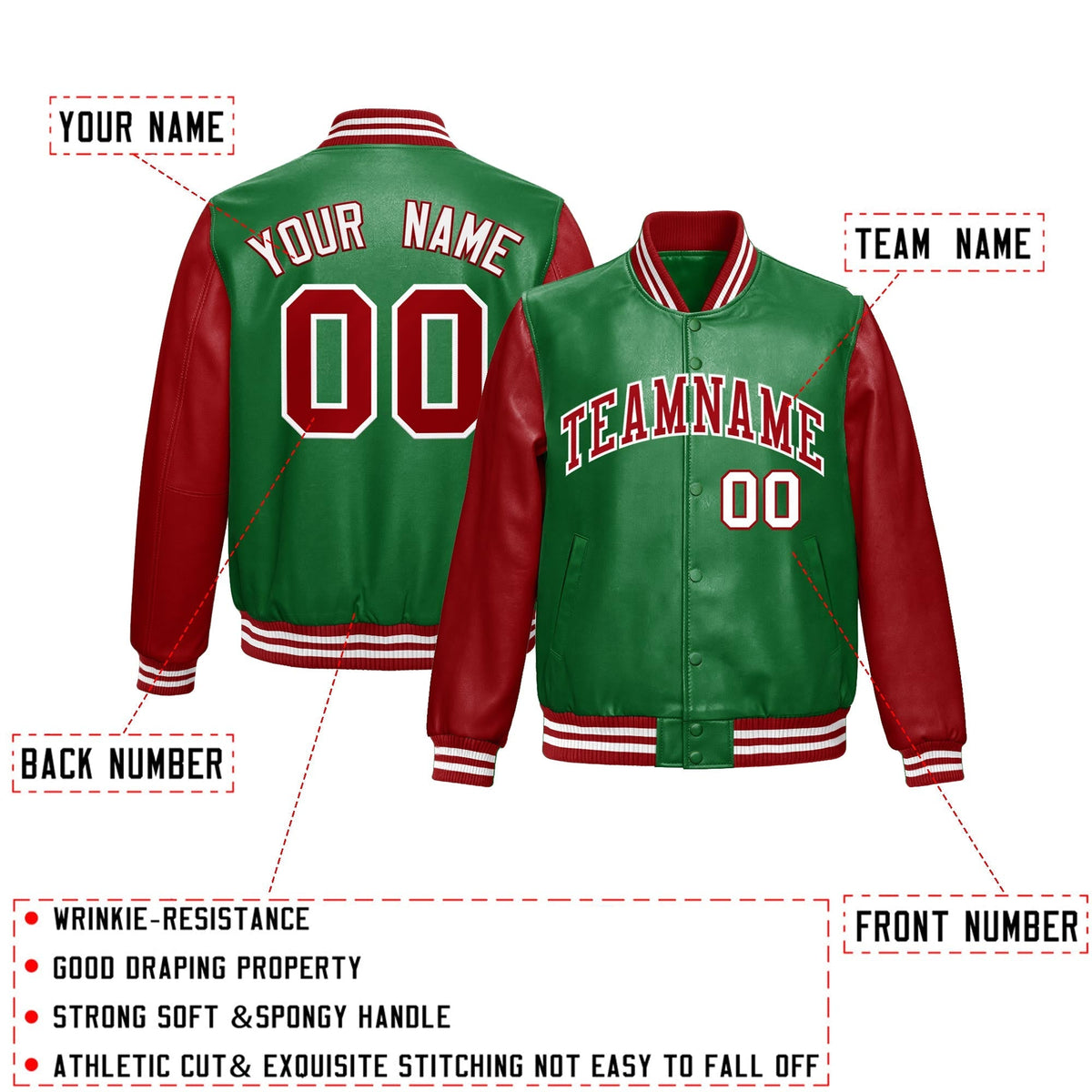 Custom Kelly Green Red Raglan Sleeves Full-Snap Varsity Faux Leather Letterman Jacket