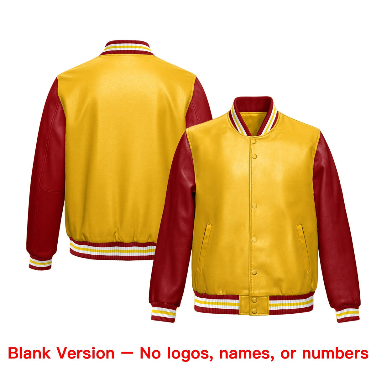 Custom Yellow Red Raglan Sleeves Full-Snap Varsity Faux Leather Letterman Jacket
