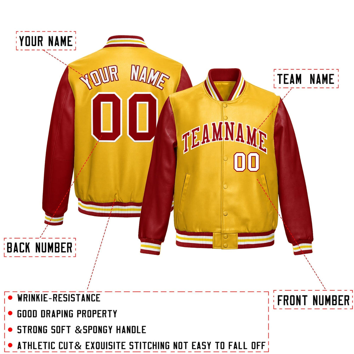Custom Yellow Red Raglan Sleeves Full-Snap Varsity Faux Leather Letterman Jacket