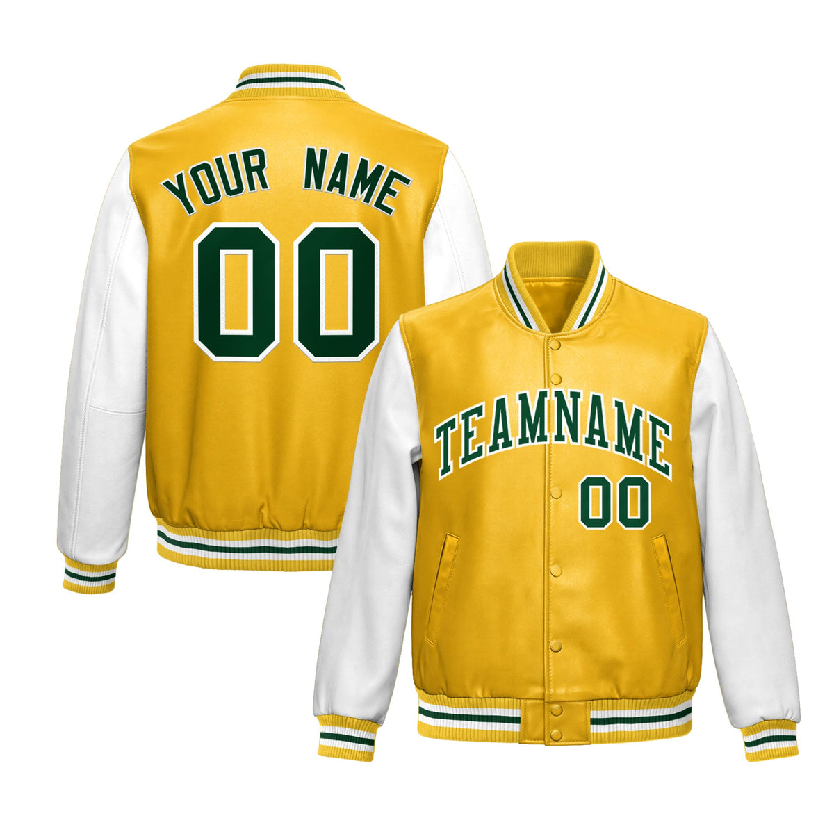 Custom Yellow White Raglan Sleeves Full-Snap Varsity Faux Leather Letterman Jacket