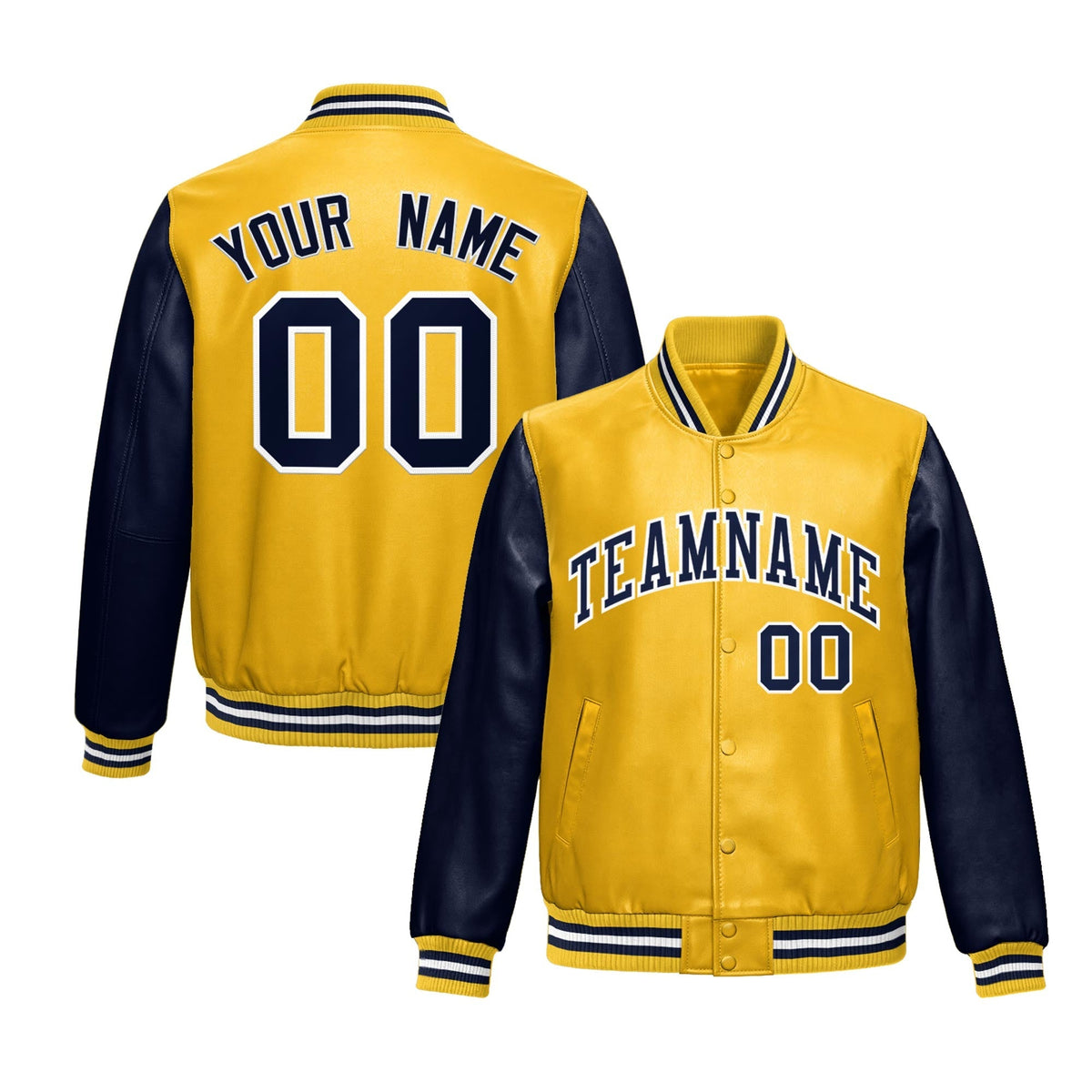 Custom Yellow Navy Raglan Sleeves Full-Snap Varsity Faux Leather Letterman Jacket