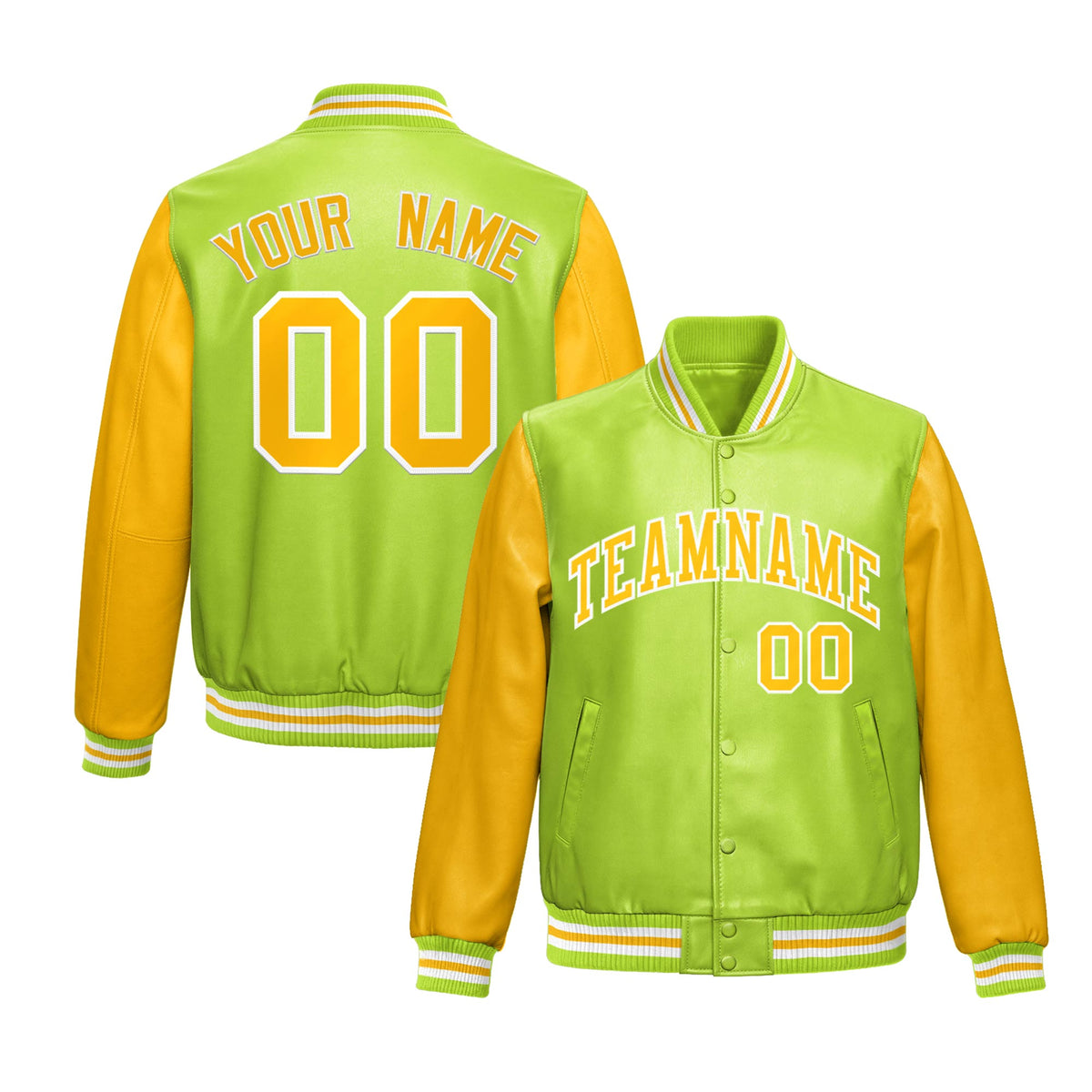 Custom Neon Green Yellow Raglan Sleeves Full-Snap Varsity Faux Leather Letterman Jacket