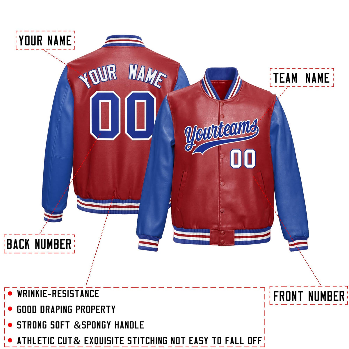 Custom Red Royal Blue Raglan Sleeves Full-Snap Varsity Faux Leather Letterman Jacket