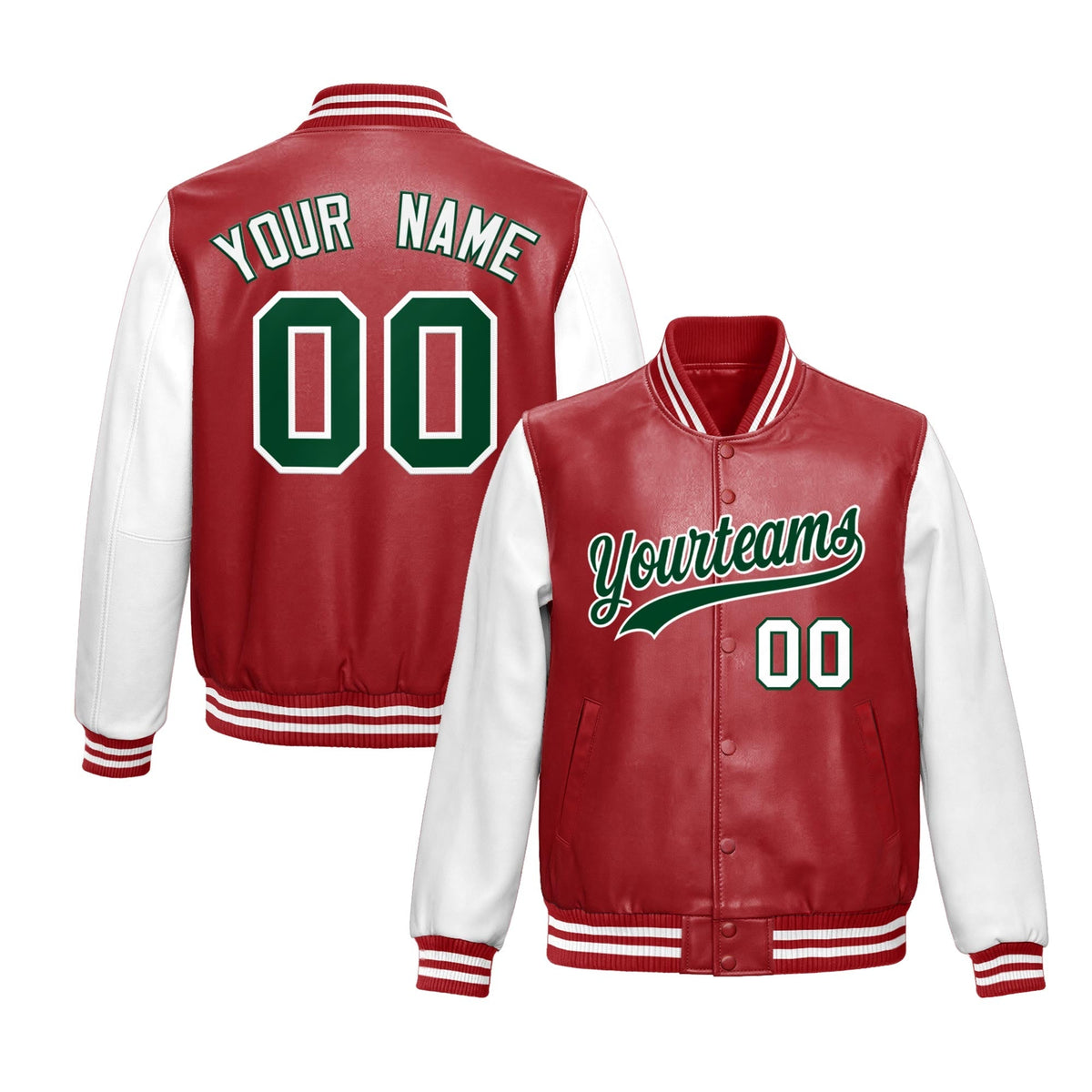 Custom Red White Raglan Sleeves Full-Snap Varsity Faux Leather Letterman Jacket