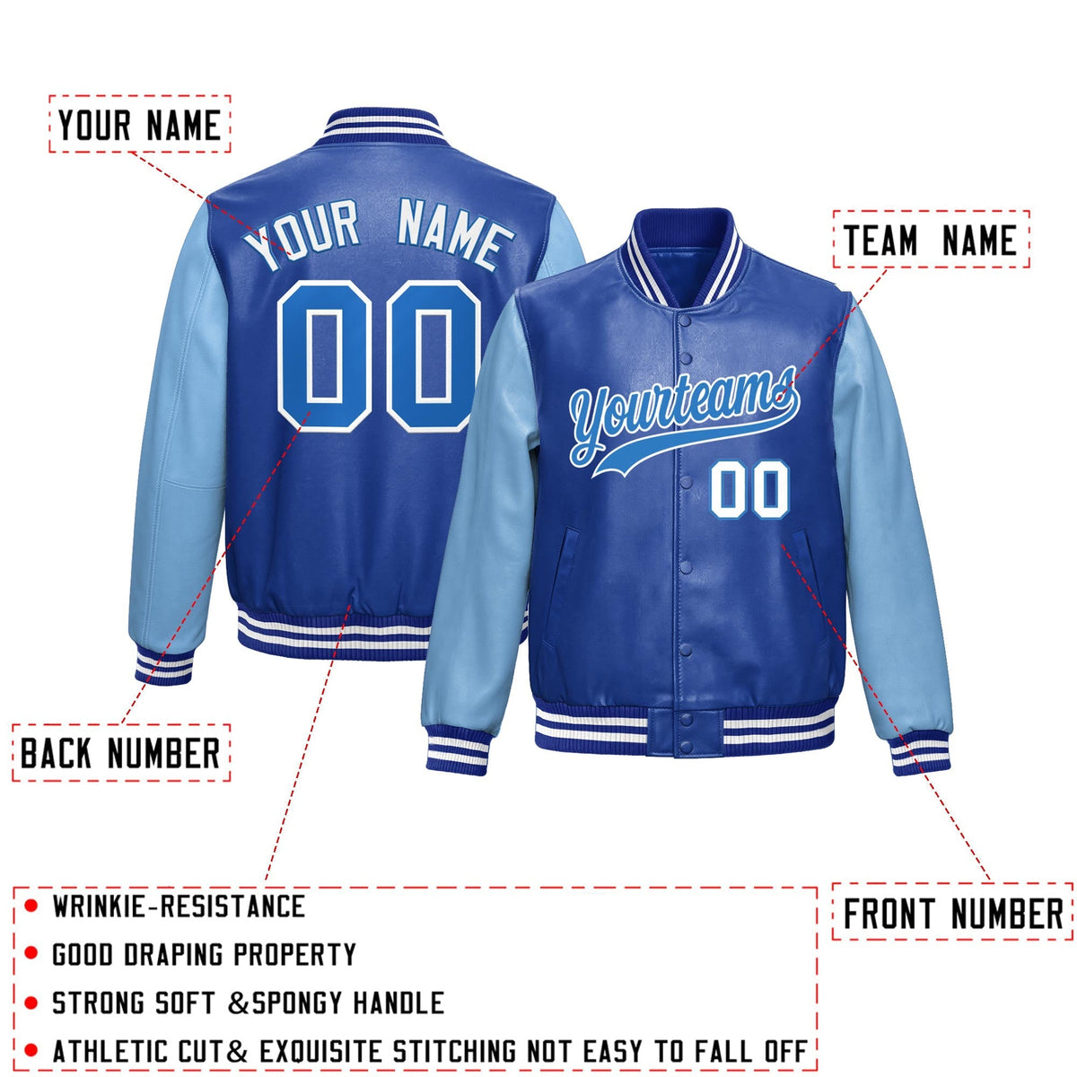 Custom Royal Blue Powder Blue Raglan Sleeves Full-Snap Varsity Faux Leather Letterman Jacket