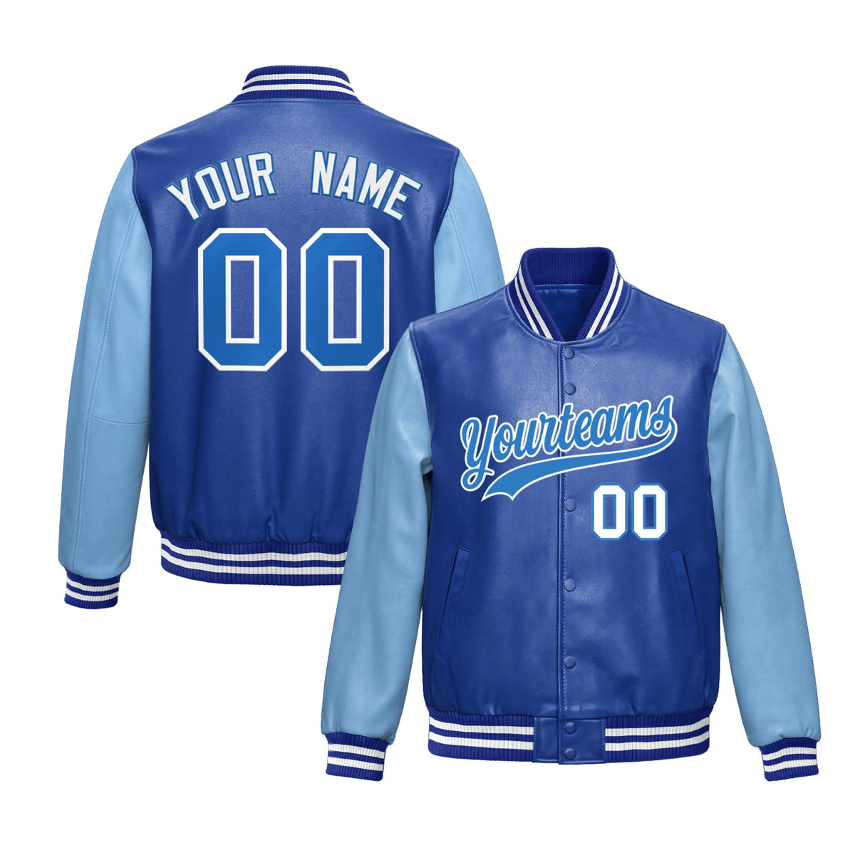 Custom Royal Blue Powder Blue Raglan Sleeves Full-Snap Varsity Faux Leather Letterman Jacket