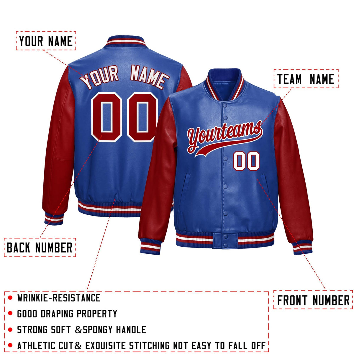Custom Royal Blue Red Raglan Sleeves Full-Snap Varsity Faux Leather Letterman Jacket