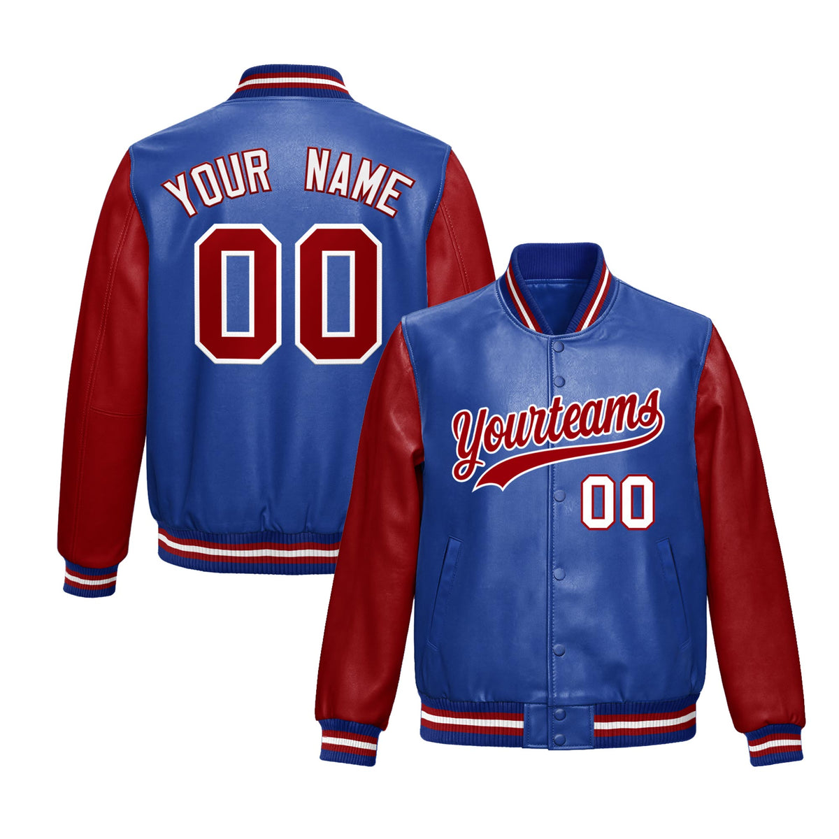 Custom Royal Blue Red Raglan Sleeves Full-Snap Varsity Faux Leather Letterman Jacket