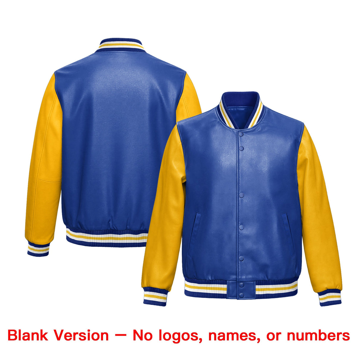 Custom Royal Blue Yellow Raglan Sleeves Full-Snap Varsity Faux Leather Letterman Jacket