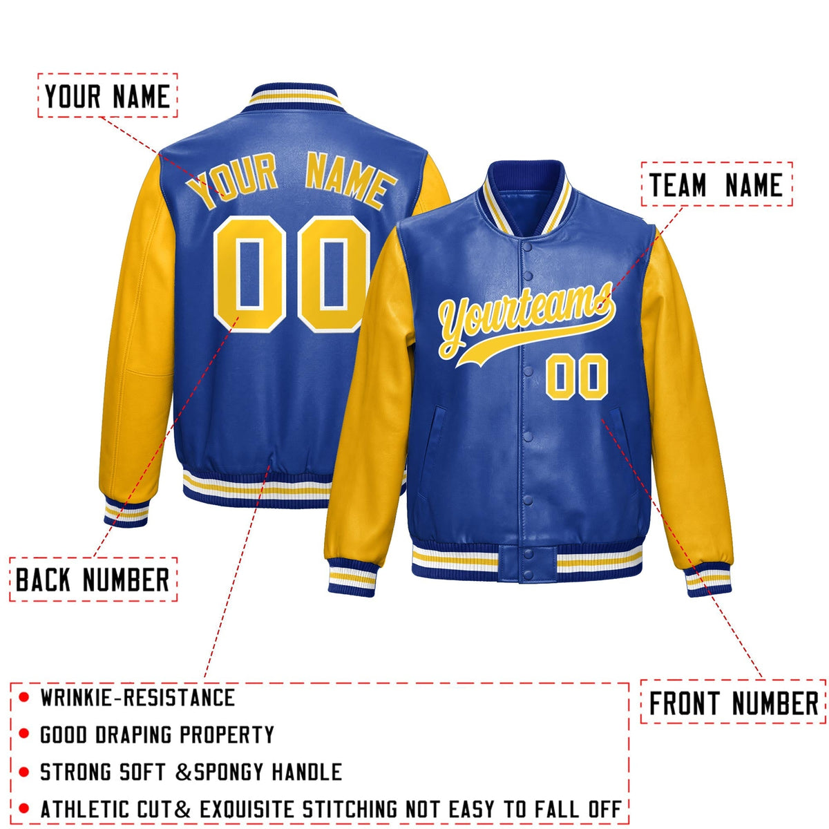 Custom Royal Blue Yellow Raglan Sleeves Full-Snap Varsity Faux Leather Letterman Jacket