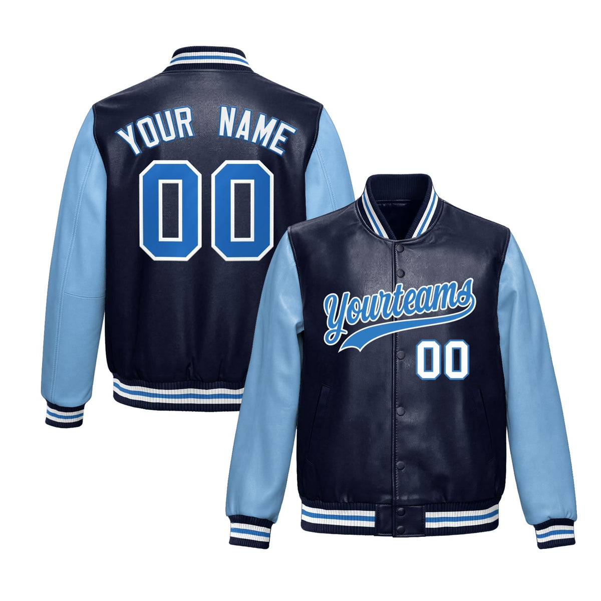 Custom Navy Powder Blue Raglan Sleeves Full-Snap Varsity Faux Leather Letterman Jacket