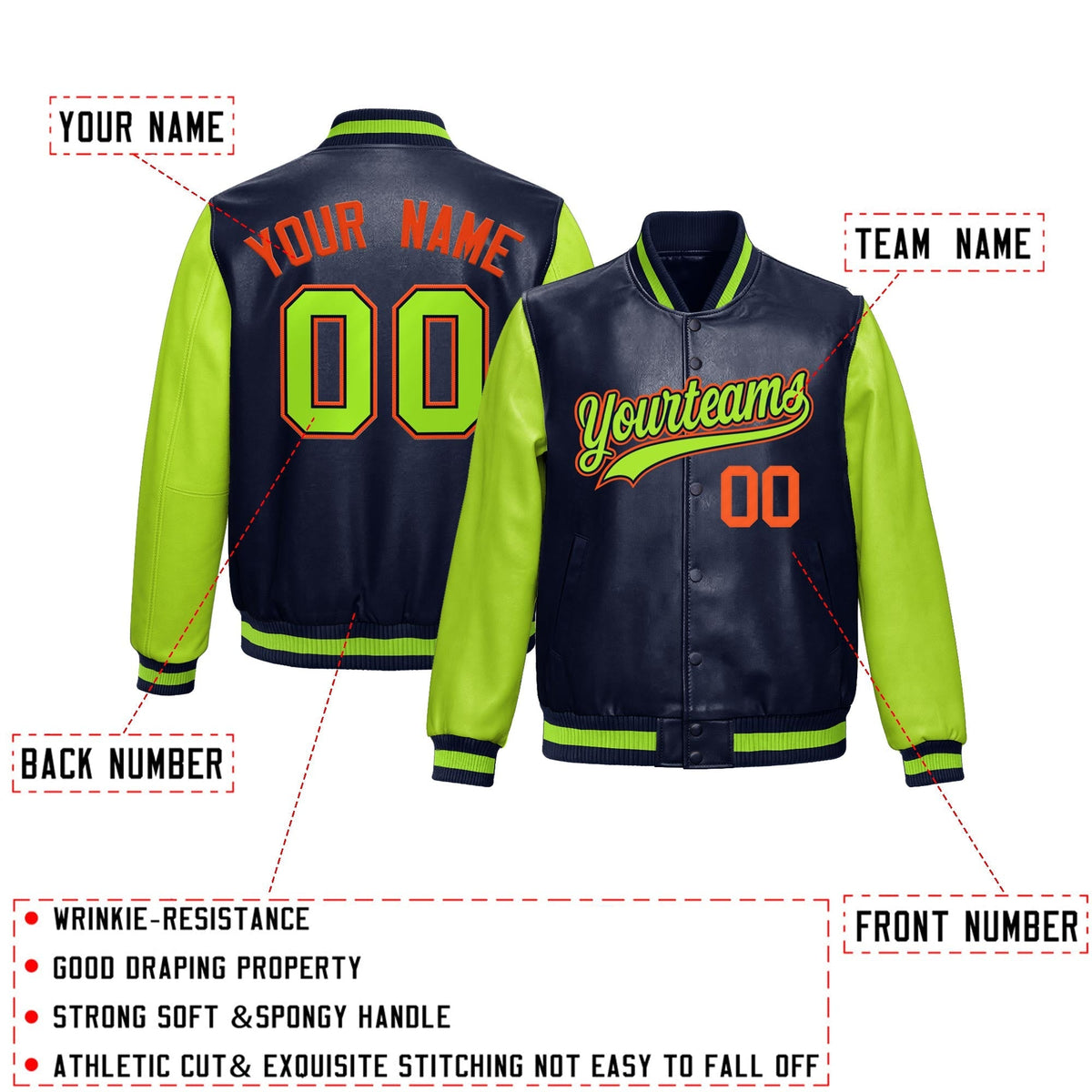 Custom Neon Green Navy Raglan Sleeves Full-Snap Varsity Faux Leather Letterman Jacket