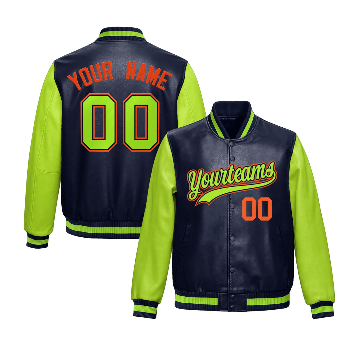 Custom Neon Green Navy Raglan Sleeves Full-Snap Varsity Faux Leather Letterman Jacket