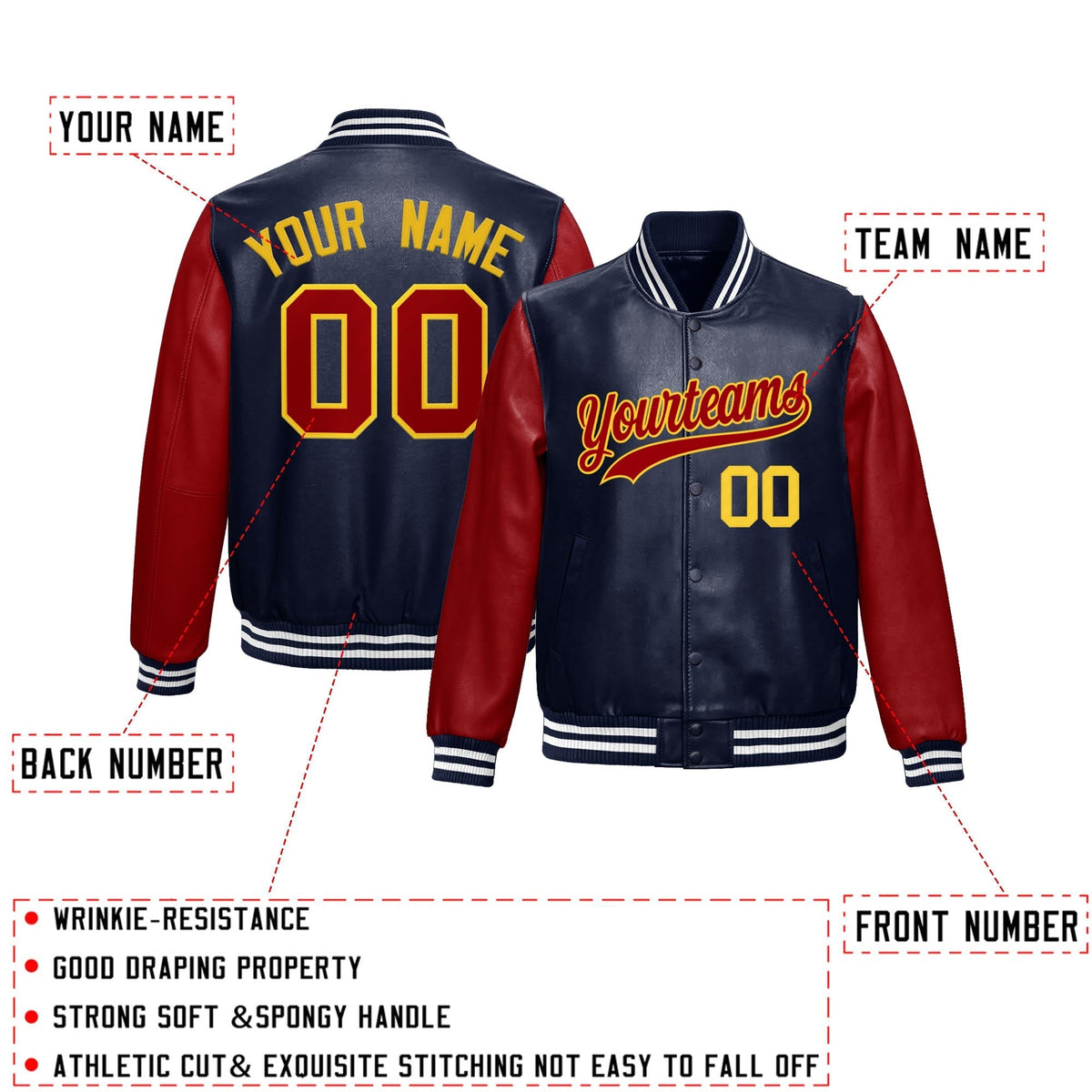 Custom Navy Red Raglan Sleeves Full-Snap Varsity Faux Leather Letterman Jacket
