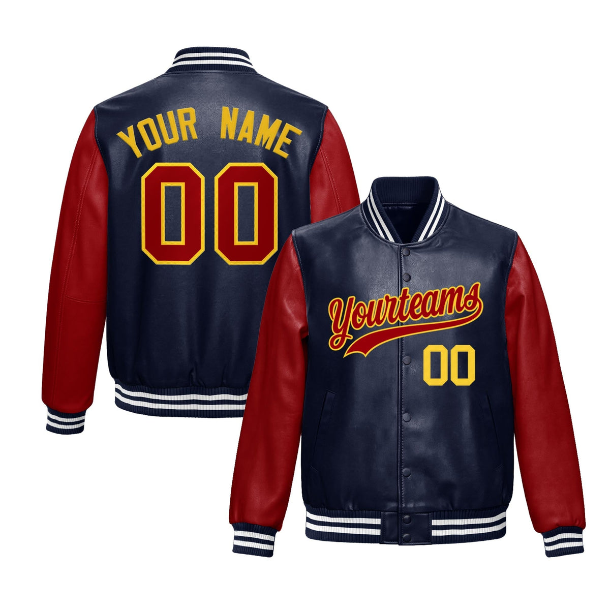 Custom Navy Red Raglan Sleeves Full-Snap Varsity Faux Leather Letterman Jacket