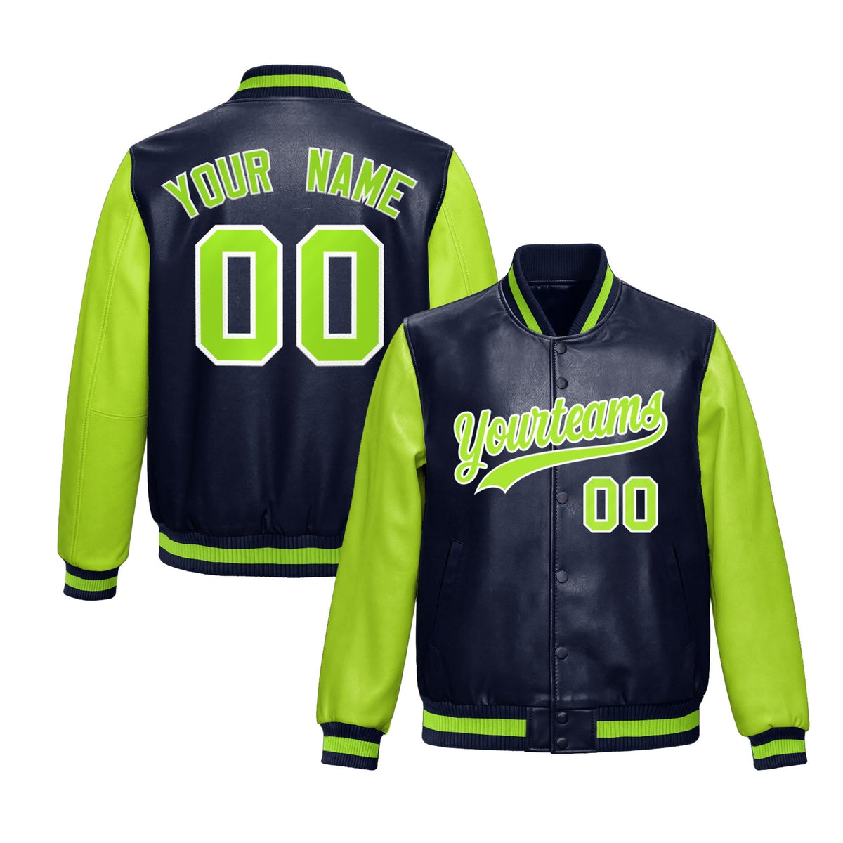 Custom Navy Neon Green Raglan Sleeves Full-Snap Varsity Faux Leather Letterman Jacket
