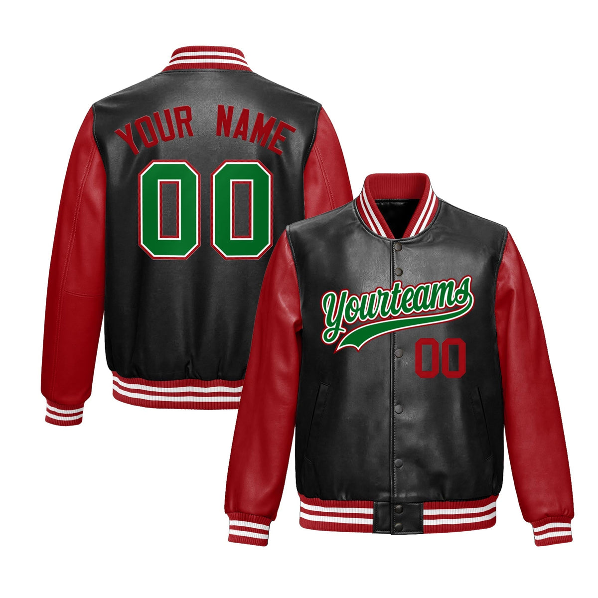 Custom Black Red Kelly Green Raglan Sleeves Full-Snap Varsity Faux Leather Letterman Jacket