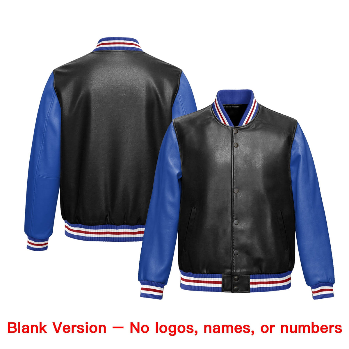 Custom Black Royal Blue Red Raglan Sleeves Full-Snap Varsity Faux Leather Letterman Jacket